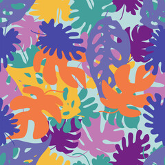 Naklejka premium Stylized monstera leaves seamless vector pattern. Perfect for T-shirt, textile and fabric. Decorative vector illustration.
