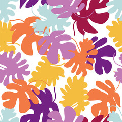 Monstera leaf vector seamless pattern. Colorful vivid print for decor and design. Perfect for T-shirt, textile and fabric.