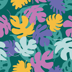 Fototapeta premium Tropical monstera leaves seamless vector pattern. Perfect for T-shirt, textile and fabric. Hand drawn vector illustration.