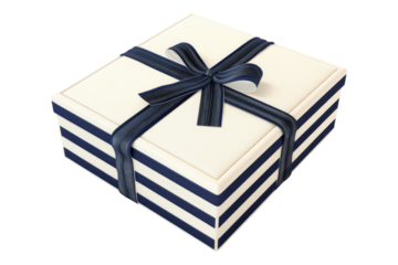 Nautical striped box with navy blue ribbon isolated on transparent background