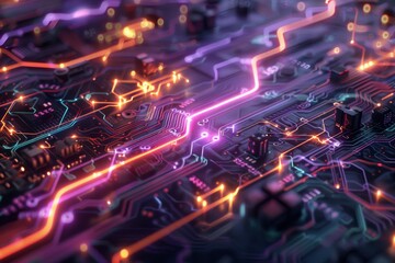 Fototapeta premium Detailed illustration of energy flowing through a circuit board, showcasing intricate electronic pathways and connections