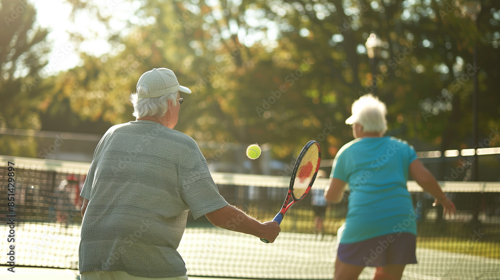 Wall mural outdoor scene of people playing pickleball: the image shows two elderly individuals engaged in a gam