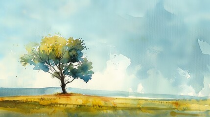 Serene watercolor painting of a lone tree on a grassy hill with a blue sky, evoking tranquility and nature's beauty.