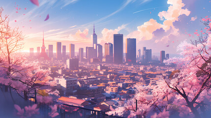 spectacular aesthetic of tall cities and cherry trees