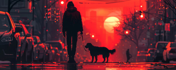 An evening stroll of a dog with its owner through the quiet streets of the city.