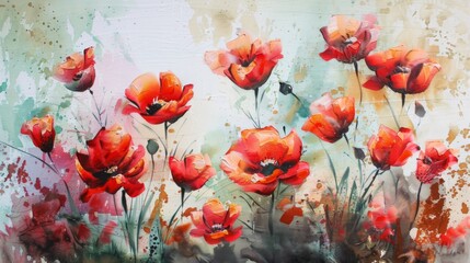 Paintings on canvas with watercolor red flowers.&nbsp;Interior decoration set with designer oil paintings