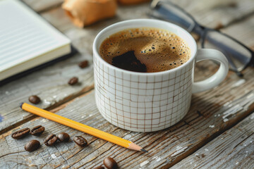 High-angle view, table with pencils, notebook, coffee cup, free space on the wooden work desk.