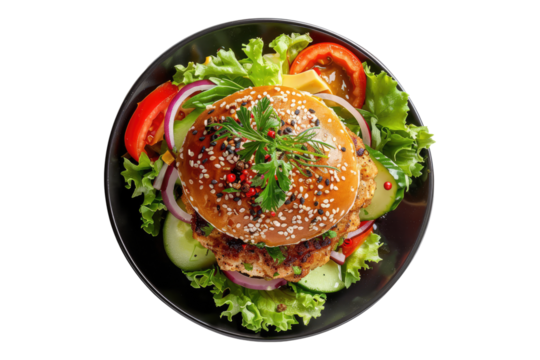 Top view of chicken burger with green salad isolate on transparent background