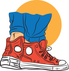 Illustration of cool red sneakers, vector of people wearing shoes