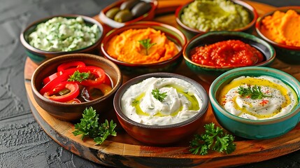 Vibrant and Fresh Vegetable Dips Platter with Colorful Varieties Made of Fresh Ingredients and Herbs - Perfect for Healthy Snacking and Entertaining