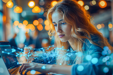 Young woman working on laptop with network connection overlay in busy cafe