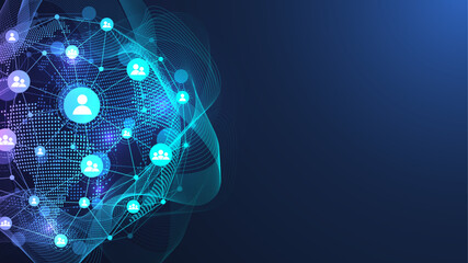 Global network connection concept. Big data visualization. Social network communication in the global computer networks. Internet technology. Business. Science. Vector illustration