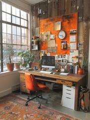 Bright and inspiring home office workspace with orange accents and city view