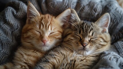 Two cats are sleeping together on a blanket