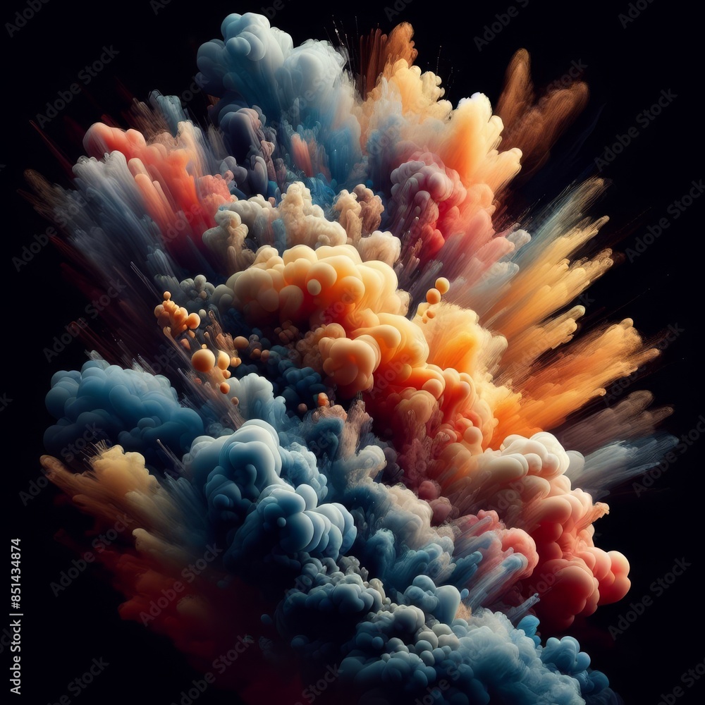Poster a striking image of a dynamic burst of colorful smoke against a black background, featuring vivid hu