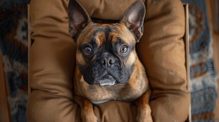 A brown and white dog is sitting on a brown pillow