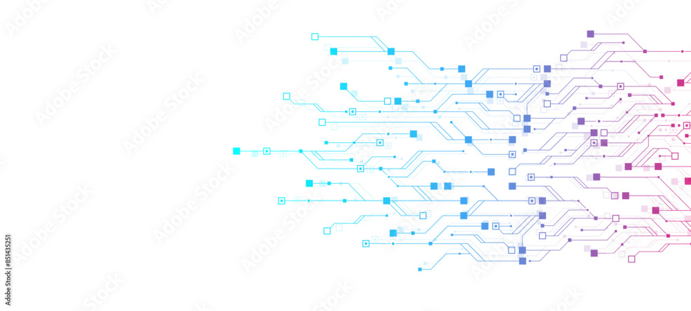 Aufkleber Quantum computer technologies concept. Futuristic blue circuit board background vector. Modern technology circuit board texture background design. Waves flow. Quantum explosion technology.