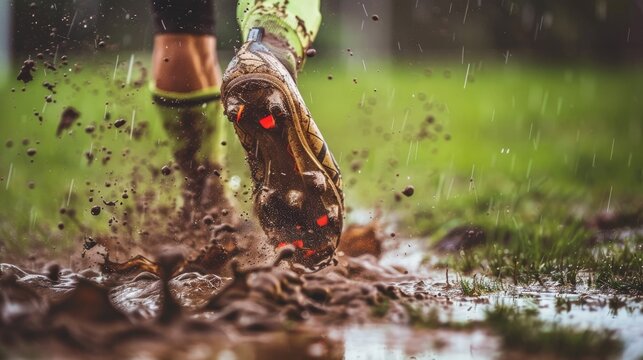 Close-up of soccer cleats splashing through mud on a green field during a rainy day. The image captures the dynamic movement and the muddy water