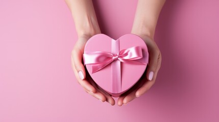 Fototapeta premium Close-up of female hands holding a pink heart-shaped gift box with a satin ribbon. Perfect for Valentine's Day, Mother's Day, and romantic themes
