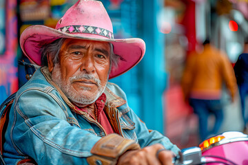 Fototapeta premium Senior hispanic man wearing pink cowboy hat is riding motorcycle in city