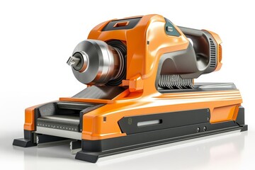 Fototapeta premium High-tech modern industrial machine in bright orange on a white background, showcasing cutting-edge engineering and precision technology, white background