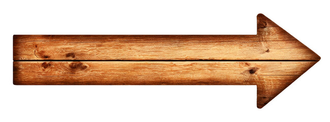 Old wooden empty arrow pointer isolated on a white and transparent background pointing to the right. PNG.
