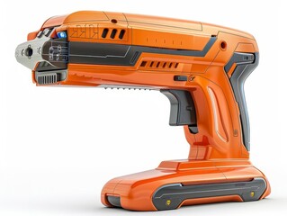 Fototapeta premium Modern orange cordless electric screwdriver on white background. High-tech power tool for DIY and professional use, white background
