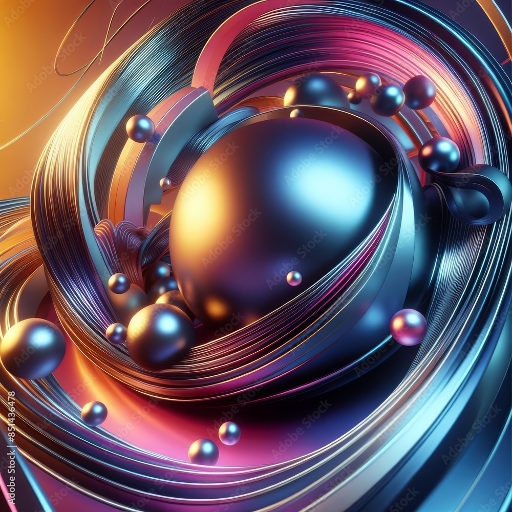 Poster intriguing abstract artwork featuring a central metallic sphere surrounded by dynamic, colorful elem