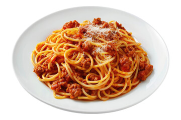 White plate with spaghetti with meat isolated on transparent background