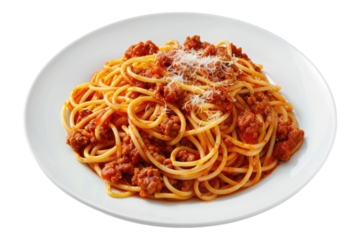 White plate with spaghetti with meat isolated on transparent background