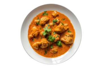White plate of butter chicken isolated on transparent background