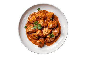 White plate of chicken tikka isolated on transparent background