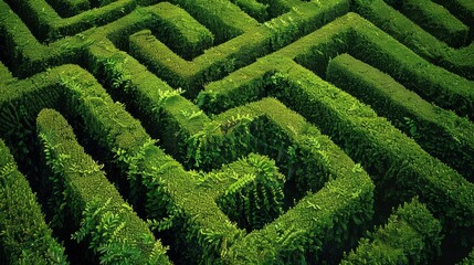 Lush green maze captured from above, highlighting intricate hedge patterns and foliage