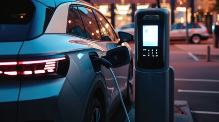 An electric vehicle is being charged at a station, while its wheels, tires, and alloy wheels rest peacefully under the hood. AIG41