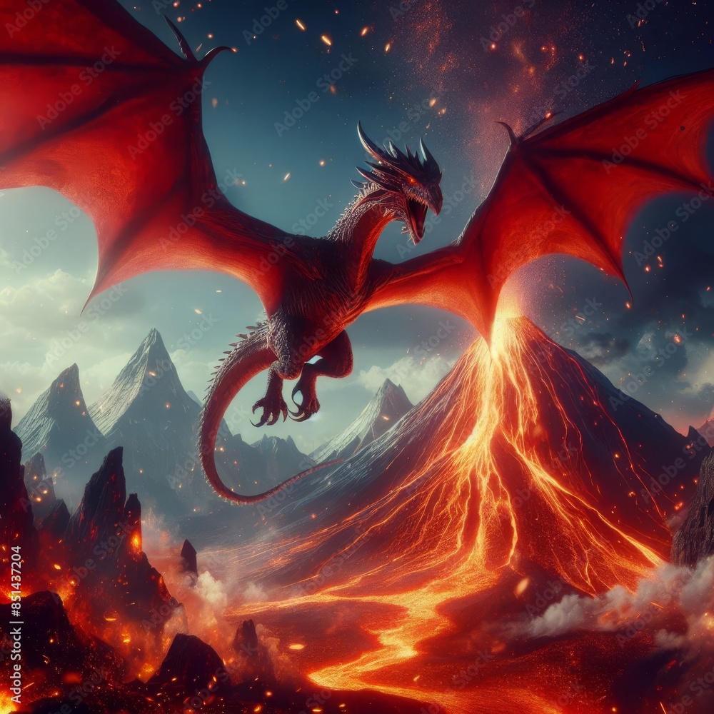 Poster a majestic dragon with red scales flies over a volcanic eruption, with lava flowing down the mountai