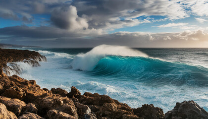 Obraz premium Powerful Ocean Wave Crashing Against Rocky Coastline