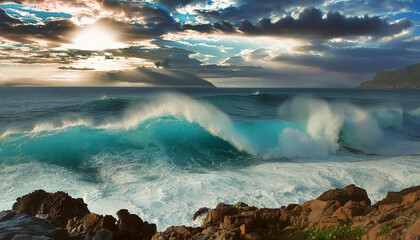 Fototapeta premium Powerful Ocean Wave Crashing Against Rocky Coastline