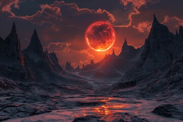 Red Moon Over Alien Landscape.