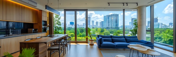 Obraz premium Woman in modern living room with large window overlooking city
