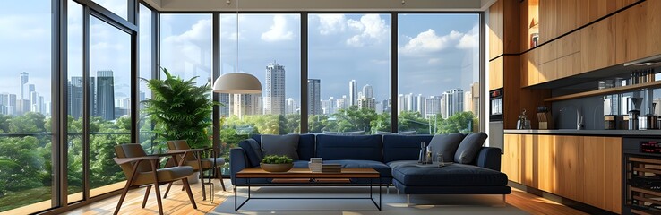 Fototapeta premium Modern Living Room with City Skyline View