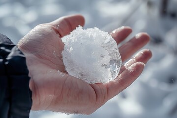 Fototapeta premium Hand Holding Snowball on Winter Day.
