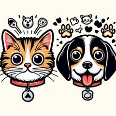 A cat design drawing graphic and dog design drawing graphic heads with different expressions engaging vector eyecatching engaging.