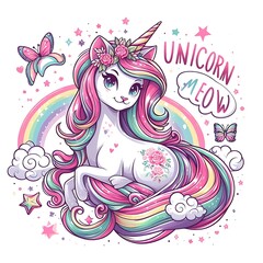 A cartoon unicorn design colours drawing graphic with rainbow hair and flowers vector engaging vector.
