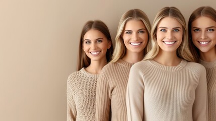 Four young women wearing beige sweaters, standing closely together and smiling at the camera. The background is a solid beige color, creating a warm and inviting feel. Copy space