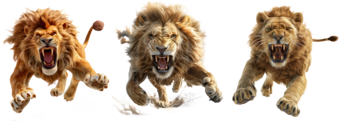 Set of Fierce Charging Lion with Majestic Mane in Action, Isolated on Transparent Background