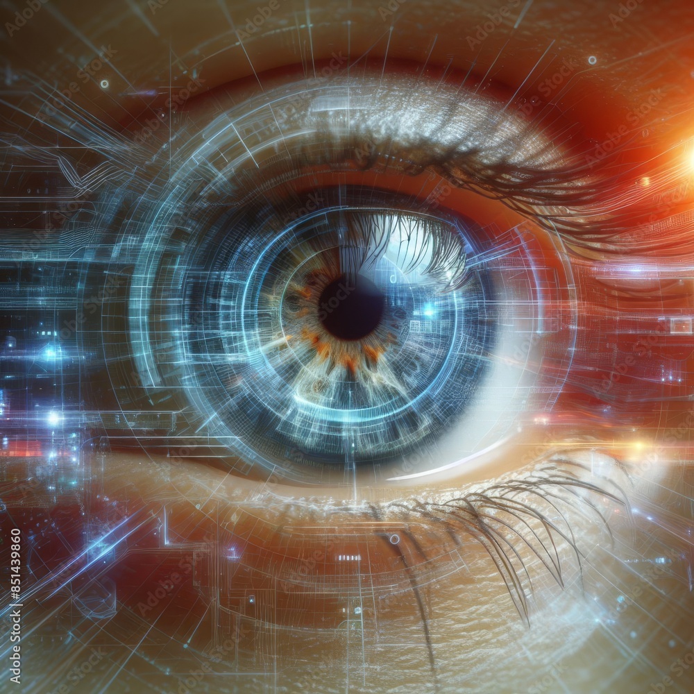Poster a detailed close-up of a cybernetic eye with a futuristic digital overlay, symbolizing advanced tech