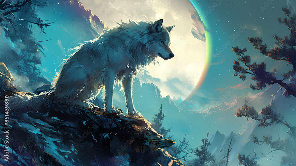 Wall mural wolf roaring under the moonlight at night, anime style