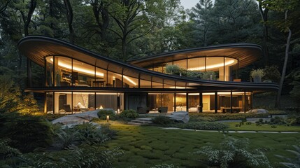An innovative forest house with a unique, flowing architectural design, surrounded by trees and lit warmly from within at dusk.