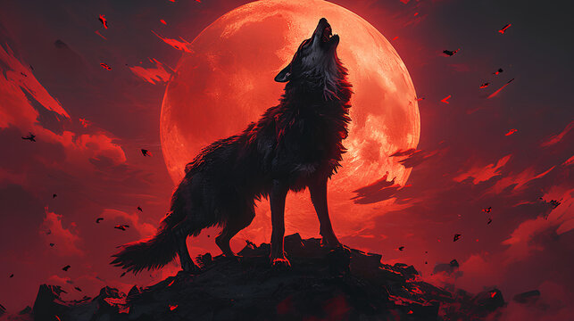 Fototapeta wolf roaring under the red moonlight at night, anime style