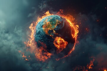 Obraz premium Burning Earth Surrounded by Flames and Smoke.